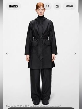 Rains Curve Long Rain Jacket- Black- Size XS/S